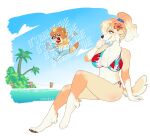  absurd_res anthro big_breasts bikini breasts canid canine canis chest_tuft clothed clothing domestic_dog english_text female hi_res male mammal nide nipples palm_tree plant side-tie_bikini sitting smile string_bikini swimwear text tree tuft water zoecinno 