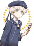  1girl black_neckerchief blue_dress blue_eyes blue_headwear cowboy_shot dress food grey_hair hat holding ichiroku_(sakumogu-029) kantai_collection looking_at_viewer neckerchief popsicle sailor_dress sailor_hat short_hair simple_background smile solo white_background z1_leberecht_maass_(kancolle) 