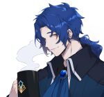  1boy ascot blue_ascot blue_coat blue_gemstone blue_hair brooch chesed_(project_moon) coat collared_coat cup gem holding holding_cup jewelry jyanjyan library_of_ruina long_hair looking_at_viewer mug parted_bangs project_moon simple_background smile solo steam white_background yellow_eyes 