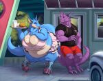 2021 80&#039;s_themed anthro athletic athletic_male athletic_shirt beverage big_breasts big_muscles biglovealicia blue_body bottomwear bra breasts bulge burger clothed clothing detailed_background digital_media_(artwork) digitigrade duo ears_up fast_food female food fries generation_1_pokemon male muscular muscular_male nidoking nidoqueen nintendo obese obese_female overweight overweight_female pokemon pokemon_(species) purple_body purple_eyes restaurant roller_skates shirt short signature skirt soda t-shirt tail thick_arms thick_thighs topwear underwear 
