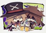  2others alcohol androgynous atoymk beer beer_mug black_headband black_headwear black_shirt blood blood_on_face blood_on_hands brown_hair chibi closed_mouth collared_shirt crying cup grey_shirt hand_on_another&#039;s_head hat hat_ribbon headband kurohebi kuzu_suzumi len&#039;en light_brown_hair medium_hair mug multiple_others no_nose open_clothes open_mouth open_shirt open_vest orange_vest other_focus purple_scarf red_ribbon ribbon scarf shirt short_sleeves smile toasting_(gesture) trembling vest white_shirt 