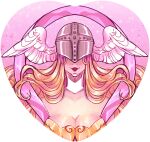  1girl angel angel_wings angewomon blonde_hair breasts cleavage covered_eyes digimon digimon_(creature) head_wings heart_border helmet_over_eyes highres long_hair mask maybelsart portrait simple_background solo white_background wings 