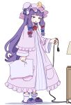  1girl absurdres blue_bow blush_stickers bow crescent crescent_hat_ornament dress electric_plug full_body hair_bow hat hat_ornament highres holding holding_pillow kame_(kamepan44231) long_hair long_sleeves mob_cap open_mouth patchouli_knowledge pillow purple_dress purple_eyes purple_hair purple_headwear purple_socks red_bow simple_background slippers socks solo touhou white_background wide_sleeves 