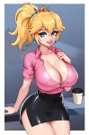  absurdres alternate_costume arm_support black_skirt blonde_hair blue_eyes breasts cleavage coffee_cup collarbone collared_shirt covered_nipples cowboy_shot cup curvy darkmoney disposable_cup earrings grin hair_between_eyes hand_on_own_chest high-waist_skirt highres huge_breasts jewelry leaning_on_table lipstick long_hair looking_at_viewer makeup mario_(series) miniskirt no_bra office_lady outside_border partially_unbuttoned pencil_skirt pink_shirt ponytail princess_peach shiny_clothes shirt shirt_tucked_in short_sleeves side_slit skirt smile thick_eyelashes wide_hips 