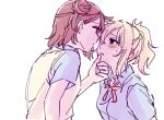  2girls aroused blonde_hair blush braid braided_bun closed_mouth commentary ear_blush eye_contact gyaru hair_between_eyes hair_bun hand_on_another&#039;s_chin incoming_kiss looking_at_another looking_down looking_up love_live! love_live!_nijigasaki_high_school_idol_club medium_hair miyashita_ai multiple_girls nijigasaki_academy_school_uniform orange_hair parted_lips red_eyes school_uniform short_ponytail sidelocks single_side_bun solllolll sweatdrop uehara_ayumu white_background yuri 