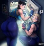  ! 2girls ass blonde_hair cammy_white chun-li crop_top cupcake double_bun eating food hair_bun hershuar li-fen looking_at_viewer looking_back multiple_girls pants pudding refrigerator short_hair spoken_exclamation_mark street_fighter street_fighter_6 tight_clothes tight_pants yoga_pants 