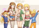  5girls alternate_costume blonde_hair blue_eyes blunt_bangs brown_hair closed_eyes cosplay dark-skinned_female dark_skin enni green_eyes highres link link_(cosplay) looking_at_viewer multiple_girls open_mouth pajamas pointy_ears princess_zelda salute short_hair the_legend_of_zelda the_legend_of_zelda:_skyward_sword the_legend_of_zelda:_spirit_tracks the_legend_of_zelda:_tears_of_the_kingdom the_legend_of_zelda:_the_wind_waker the_legend_of_zelda:_twilight_princess tiara toon_link toon_link_(cosplay) yawning 