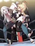  2girls absurdres artoria_pendragon_(fate) blonde_hair blush boots breasts catfight fate_(series) freia_kagami green_eyes hanabusa_(xztr3448) highres multiple_girls saber smile thigh_boots wrestle_angels wrestling wrestling_ring 