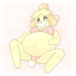  animal_crossing anthro belly big_belly big_breasts blonde_hair bra breasts canid canine canis cleavage clothed clothing domestic_dog female fur hair hi_res isabelle_(animal_crossing) mammal navel nintendo panties pompuffy_(artist) shih_tzu solo tail thick_thighs toy_dog underwear yellow_body yellow_fur 