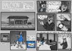  2023 absurd_res anthro avian beverage bird cleaning_tool clock clothed clothing coffee comic dialogue digital_media_(artwork) duo english_text fur greyscale hair halcyon_(series) herba_(halcyon) hi_res lagomorph leporid lost_andsafe male male/male mammal monochrome mop name_tag open_mouth owl rabbit speech_bubble text watch 