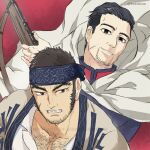  2boys ainu_clothes bara beard_stubble chest_hair_peek clenched_teeth collared_shirt evil_smile fighting_stance floating_clothes frown golden_kamuy holding holding_weapon isomine large_pectorals long_sideburns male_focus mature_male multiple_boys muscular muscular_male ogata_hyakunosuke pectoral_cleavage pectorals shirt short_hair sideburns smile tanigaki_genjirou teeth thick_eyebrows upper_body weapon 