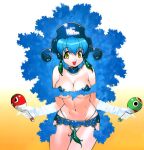  1girl blue_hair breasts gloves gradient_background highres instrument large_breasts maracas microsoft_windows navel non-web_source os-tan pasties personification product_girl revealing_clothes samba solo star_pasties tassel white_gloves winchan yellow_eyes yoshizaki_mine 