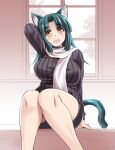  1girl animal_ear_fluff animal_ears black_sweater breasts cat_ears cat_girl cat_tail green_hair indoors large_breasts long_hair long_sleeves looking_at_viewer milk_(tonpuu) open_mouth original ribbed_sweater scarf sitting smile solo sweater tail tonpuu yellow_eyes 