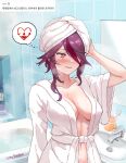  1girl absurdres after_bathing artist_name bathrobe bathroom bathtub blush breasts collarbone commentary cup english_commentary genshin_impact hair_over_one_eye heart highres indoors korean_text large_breasts mirror multicolored_hair navel purple_eyes purple_hair red_hair rosaria_(genshin_impact) short_hair sidelocks sink smile solo spoken_heart steam streaked_hair thought_bubble tile_wall tiles toothbrush towel towel_on_head translation_request upper_body vitashogun water watermark wet 