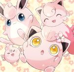  &gt;o&lt; :3 ^_^ animal_focus asakirirokuyu blue_eyes closed_eyes commentary_request fangs floral_background flower hair_flower hair_ornament igglybuff jigglypuff no_humans open_mouth pokemon pokemon_(creature) scream_tail wigglytuff yellow_background yellow_eyes 