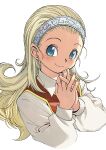  1girl absurdres anlucea blonde_hair blue_eyes closed_mouth collared_shirt commentary_request cropped_torso dragon_quest dragon_quest_x forehead hair_pulled_back hairband highres light_blush long_hair long_sleeves looking_at_viewer mole mole_under_mouth muramasa_mikado own_hands_together pink_lips pink_nails raised_eyebrows shirt smile solo upper_body white_background white_hairband white_shirt 