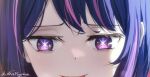  1girl absurdres artist_name blood blood_from_mouth blush close-up commentary eye_focus film_grain highres hoshino_ai_(oshi_no_ko) looking_at_viewer mayushuuu multicolored_hair oshi_no_ko pink_hair purple_eyes purple_hair romaji_commentary sidelocks solo star_(symbol) streaked_hair 