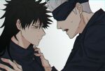  1boy 1girl black_blindfold black_hair black_jacket blindfold breasts buttons crying crying_with_eyes_open fushiguro_megumi fushirun_rung genderswap genderswap_(mtf) gojou_satoru green_eyes hands_on_another&#039;s_shoulders highres jacket jujutsu_kaisen korean_commentary long_hair long_sleeves looking_at_another open_mouth school_uniform short_hair sweatdrop tears white_hair 