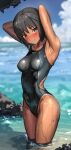  1girl absurdres amagami arm_behind_head black_hair black_one-piece_swimsuit blue_sky breasts brown_eyes cloud competition_swimsuit covering covering_breasts cowboy_shot dark-skinned_female dark_skin day highleg highleg_leotard highres horizon leotard nanasaki_ai ocean one-piece_swimsuit one-piece_tan outdoors shiinamirin short_hair sky small_breasts smile solo standing swimsuit tan tanlines two-tone_swimsuit wading water 
