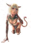  1girl 2022 all_fours animal_ears artist_name avatar_(ff11) blonde_hair blue_eyes breasts brown_gloves brown_tail cactus41747280 cat_ears cat_girl cat_tail cherry_blossoms cleavage dated elbow_gloves final_fantasy final_fantasy_xi fingerless_gloves fingernails gloves hand_in_own_hair hand_up highres loincloth looking_to_the_side medium_breasts mithra_(ff11) open_mouth petals short_hair simple_background solo tail teeth toeless_legwear upper_teeth_only white_background 