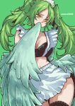  1girl alternate_costume alternate_hairstyle aosora2823 apron artist_name bikini black_thighhighs blush breasts cleavage collarbone commentary_request covering_mouth cowboy_shot embarrassed enmaided feathered_wings feathers green_background green_hair harpy highres large_breasts long_hair looking_to_the_side maid maid_apron maid_bikini maid_headdress midriff monet_(one_piece) monster_girl one_piece solo swimsuit thighhighs twintails unconventional_maid white_apron winged_arms wings yellow_eyes 