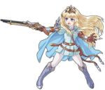  1girl :o aiming belt blonde_hair blue_eyes blue_footwear boots breasts brown_gloves eruca full_body gloves godfinal legs_apart long_hair looking_to_the_side medium_breasts pantyhose puff_and_slash_sleeves puffy_sleeves radiant_historia simple_background solo sword sword_on_back tiara weapon weapon_on_back white_background white_pantyhose 