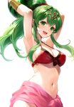  1girl absurdres armpits bikini blush breasts cleavage fire_emblem fire_emblem_awakening fire_emblem_heroes food fruit green_eyes green_hair hair_ornament highres jurge long_hair looking_at_viewer medium_breasts navel official_alternate_costume open_mouth pointy_ears ponytail red_bikini ribbon sideboob smile solo swimsuit tiara tiki_(adult)_(fire_emblem) tiki_(adult)_(summer)_(fire_emblem) tiki_(fire_emblem) watermelon white_background 
