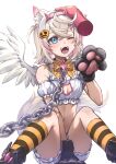 1girl :3 :d absurdres angel angel_wings animal_ear_fluff animal_ears animal_hands blue_eyes blush breasts cleavage cleavage_cutout clothing_cutout curry_bowl dog_ears dog_girl dog_paws dog_tail fangs frilled_shorts frills hair_ornament headpat highres hololive hololive_english looking_at_viewer medium_hair mococo_abyssgard multicolored_hair navel open_mouth pink_hair short_shorts shorts small_breasts smile socks solo streaked_hair striped striped_socks tail virtual_youtuber white_background white_shorts wings x_hair_ornament 