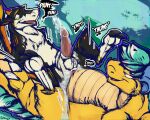  balls bodily_fluids cum dragon duo genital_fluids genitals hi_res knotting kronas male male/male penis sergal sex sjru sjru_(artist) text yellow_body 