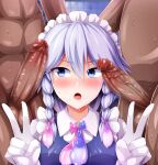  1girl 2boys blue_eyes blue_vest blush braid collared_shirt commentary_request condom cum cum_on_clothes dark-skinned_male dark_skin double_v erection gloves grey_hair highres izayoi_sakuya looking_to_the_side maid_headdress monaka_(gatinemiku) multiple_boys open_mouth penis saliva shirt short_hair surprised sweat testicles toilet touhou twin_braids used_condom v v-shaped_eyebrows vest white_gloves white_shirt 