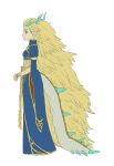  1girl absurdly_long_hair alternate_hairstyle blonde_hair bo_oj0916 dragon_horns dragon_tail dress from_side full_body highres horns light_dragon_(zelda) long_hair own_hands_together pointy_ears princess_zelda simple_background solo spiked_tail spoilers standing tail the_legend_of_zelda the_legend_of_zelda:_tears_of_the_kingdom very_long_hair 