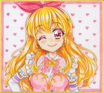  1girl aikatsu! aikatsu!_(series) blonde_hair blush bow bowtie brooch frills hair_bow hairband highres hoshimiya_ichigo idol jewelry long_hair one_eye_closed pink_bow pink_bowtie red_eyes shirato_sayuri smile solo star_brooch traditional_media 