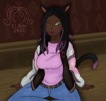  2022 animal_humanoid belt belt_buckle big_breasts black_hair blue_bottomwear blue_clothing blue_pants bottomwear breasts cat_humanoid clothing colored crossed_legs dark_body dark_skin denim denim_clothing digital_drawing_(artwork) digital_media_(artwork) el_nacho eliza_tayuun eyebrows felid felid_humanoid feline feline_humanoid female final_fantasy final_fantasy_xiv floor green_eyes hair hands_on_floor hi_res highlights_(coloring) humanoid inside jacket jeans logo_on_clothing long_hair mammal mammal_humanoid markings miqo&#039;te not_furry one_eye_closed pants pattern_clothing pink_clothing pink_highlights pink_shirt pink_tail_tip pink_topwear red_wall shaded shirt signature sitting sitting_on_ground solo square_enix tail tongue tongue_out topwear white_sleeves wink wood wood_floor 