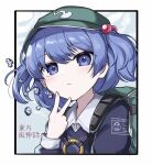  1girl backpack bag black_border blue_eyes blue_hair blush border bubble closed_mouth commentary flat_cap green_headwear hair_bobbles hair_ornament hat highres kawashiro_nitori long_sleeves looking_at_viewer short_hair solo touhou two_side_up upper_body v yonoisan 