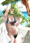  1girl beach bikini breasts ceres_fauna green_hair grin holding holding_towel hololive hololive_english large_breasts long_hair looking_at_viewer mole mole_under_eye navel ocean palm_tree sky smile solo stomach swimsuit sydus thigh_gap towel tree virtual_youtuber yellow_eyes 