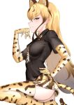  1girl animal_ears animal_print ass bentmen between_breasts black_shirt blonde_hair boots breast_pocket breasts brown_hair cheetah_ears cheetah_girl cheetah_print cheetah_tail closed_mouth collared_shirt colored_inner_hair elbow_gloves extra_ears eyeshadow from_side gloves hand_on_own_hip hand_up highres impossible_clothes impossible_shirt kemono_friends king_cheetah_(kemono_friends) leg_lift long_hair looking_at_viewer makeup medium_breasts microskirt multicolored_hair multiple_boys necktie necktie_between_breasts pleated_skirt pocket print_footwear print_gloves print_necktie print_skirt print_thighhighs shirt short_sleeves sideways_glance simple_background skirt solo tail thighhighs very_long_hair white_background wing_collar yellow_eyes 