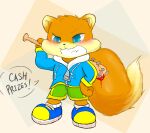  2019 anthro bat_(object) blue_eyes blush bottomwear clenched_teeth clothing colored conker conker&#039;s_bad_fur_day english_text footwear fur hand_on_hip holding_bat holding_object holding_weapon hoodie long_tail male nailed_bat namoke orange_body orange_fur rareware shorts smug solo tail teeth text topwear weapon 