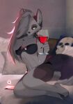  alcohol anthro bed beverage black_bra black_clothing black_panties black_underwear bone bra breasts canid canid_demon canine cellphone clothing collar curvy_figure demon female fur furniture grey_body grey_fur hair hand_on_breast hellhound helluva_boss hi_res inner_ear_fluff inviting looking_at_viewer loona_(helluva_boss) mammal medium_breasts nipples notched_ear nude on_bed panties phone pink_ribbon red_sclera ria_woof17 seductive skull smartphone smile solo spiked_collar spikes tuft underwear white_body white_fur white_hair wine 