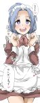  1girl apron blue_eyes blue_hair blush bow bowtie clenched_hands cowboy_shot dress elf_(stroll_in_the_woods) forehead frilled_apron frills hands_up highres legs_together long_sleeves looking_at_viewer maid maid_headdress nose_blush open_mouth original parted_bangs red_bow red_bowtie red_dress short_dress short_hair sidelocks simple_background sleeve_cuffs smile solo straight-on teeth thighs translation_request upper_teeth_only white_apron white_background 