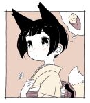  1girl animal_ears black_eyes black_hair bob_cut border closed_mouth fox_ears fox_girl fox_tail japanese_clothes kimono kukuri_(mawaru) long_sleeves mawaru_(mawaru) obi orange_background original sash short_hair solo tail thought_bubble upper_body white_border 