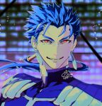  1boy armor blue_hair bright_pupils cu_chulainn_(fate) cu_chulainn_(fate/stay_night) earrings fate/stay_night fate_(series) furrowed_brow grin jewelry light_particles long_hair male_focus pauldrons ponytail portrait red_eyes sbdugite shoulder_armor smile solo spiked_hair teeth upper_body white_pupils 