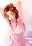  1girl aerith_gainsborough armpits arms_up artist_name breasts brown_hair final_fantasy final_fantasy_vii final_fantasy_vii_remake green_eyes lingerie long_hair mouth_hold navel ponytail small_breasts solo stomach sylvia_m twitter_username underwear 