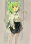  1girl absurdres black_skirt dress_shirt feet_out_of_frame green_hair grey_background hair_between_eyes highres kaamin_(mariarose753) long_sleeves looking_at_viewer medium_hair open_mouth personification shirt short_eyebrows skirt solo standing voicevox white_shirt yellow_eyes zundamon 