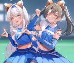  2girls animal_ears blue_skirt brown_eyes cheerleader closed_mouth double_fox_shadow_puppet fake_animal_ears fox_ears fox_shadow_puppet green_eyes green_hair hair_between_eyes hokkaido_nippon-ham_fighters kantai_collection kitsune_dance long_hair midriff multiple_girls navel one_eye_closed open_mouth pleated_skirt ranran_3939 shoukaku_(kancolle) skirt smile twintails white_hair zuikaku_(kancolle) 