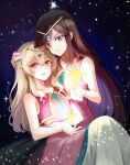  2girls blonde_hair brown_hair dress highres holding hug looking_at_viewer multiple_girls night night_sky purple_eyes red_eyes saijou_claudine shoujo shoujo_kageki_revue_starlight shoujo_kageki_revue_starlight_-re_live- sky star_(sky) starry_sky tendou_maya yuri 