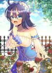  1girl :d ahoge apron bare_shoulders black_hair blue_dress blue_eyes blue_sky blurry blurry_background blurry_foreground blush bow breasts cleavage cloud cloudy_sky commentary_request day depth_of_field detached_sleeves dress fangs fence finger_to_mouth flower frilled_apron frills glasses hair_between_eyes hand_up kou_hiyoyo long_sleeves looking_at_viewer medium_breasts original outdoors purple_bow red_flower sky smile solo strapless strapless_dress waist_apron white_apron white_sleeves wide_sleeves 