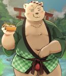  2023 anthro asian_clothing bear belly big_belly blush clothing east_asian_clothing eating food fundoshi happi_(clothing) humanoid_hands japanese_clothing kemono male mammal mioki moobs navel outside overweight overweight_male red_clothing red_fundoshi red_underwear solo takoyaki underwear 