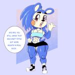  abs animal_crossing anthro big_breasts black_bottomwear black_clothing black_footwear black_shoes black_shorts blue_background blue_body blue_clothing blue_fur blue_topwear blush blush_lines bottomwear breasts brown_eyes clothing dialogue dipstick_limbs eulipotyphlan eyelashes female footwear fur hair hand_on_hip hedgehog hi_res looking_at_viewer mabel_able mammal muscular muscular_female navel nintendo open_mouth ponytail purple_background raccoon_sama rosy_cheeks shoes shorts simple_background solo speech_bubble talking_to_viewer tan_body tan_fur text thick_thighs topwear white_clothing white_footwear white_shoes wide_hips 