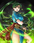  1girl :d black_background black_gloves blue_dress breasts dress earrings fingerless_gloves fire_emblem fire_emblem:_the_blazing_blade gloves green_eyes green_hair high_ponytail highres holding holding_sword holding_weapon jewelry katana large_breasts long_hair looking_at_viewer lyn_(fire_emblem) ponytail short_sleeves signature simple_background smile solo sword tachi_(weapon) thighs tsukimura_(d24f4z8j3t) twitter_username very_long_hair weapon 