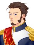 1boy alternate_hairstyle bara blue_eyes brown_hair facial_hair fate/grand_order fate_(series) goatee hair_slicked_back highres long_sideburns long_sleeves male_focus mature_male military military_uniform napoleon_bonaparte_(fate) parted_lips sash short_hair sideburns solo suzuki80 uniform upper_body wide-eyed 